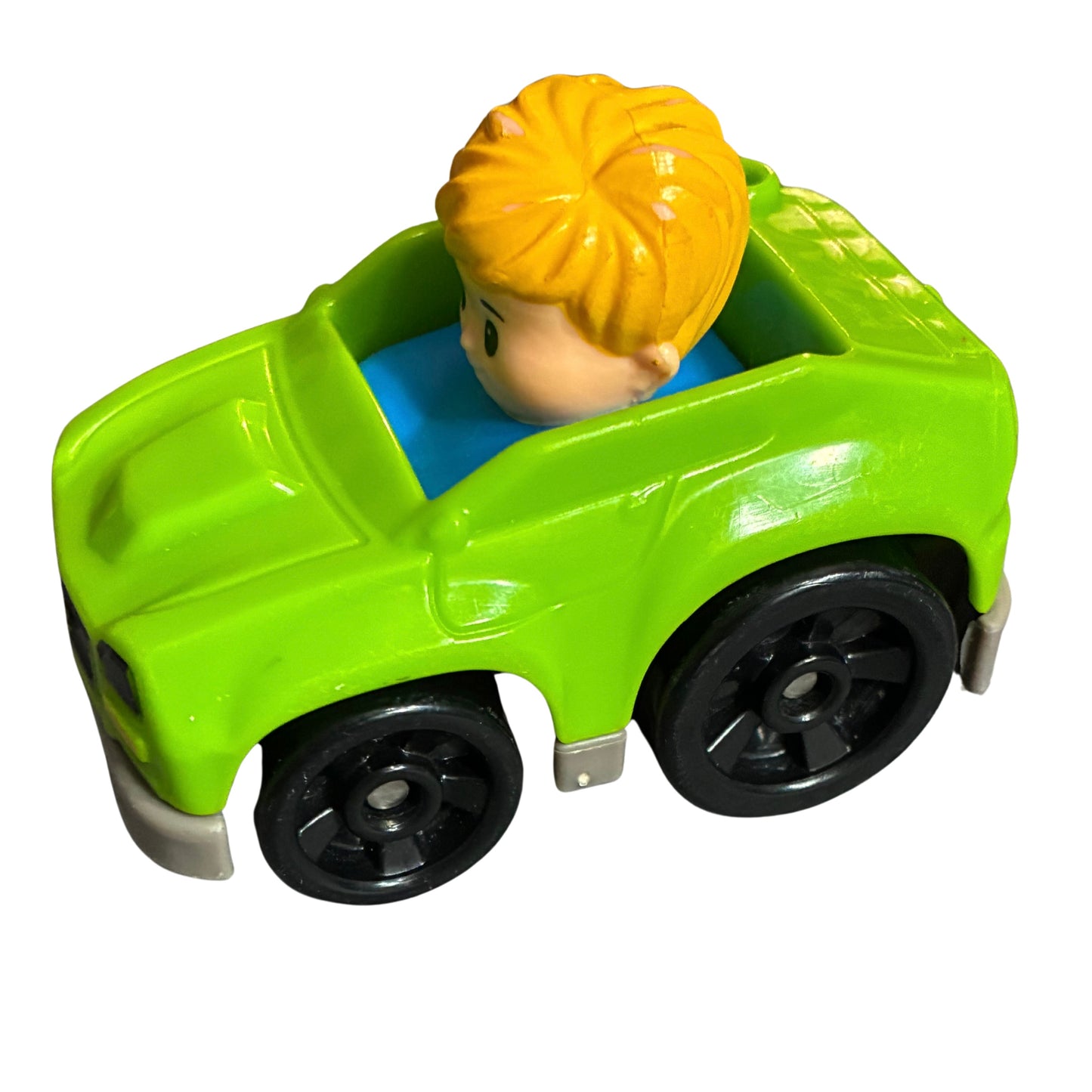 MATTEL LITTLE PEOPLE BLONDE BOY GREEN CAR 2016 PRE OWNED