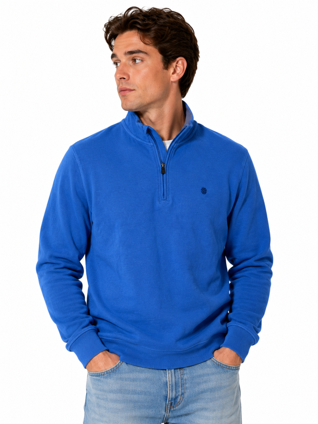 MENS IZOD BLUE AND GREY QUARTER ZIP COTTON SWEATER - MEDIUM - PRE OWNED - GOOD