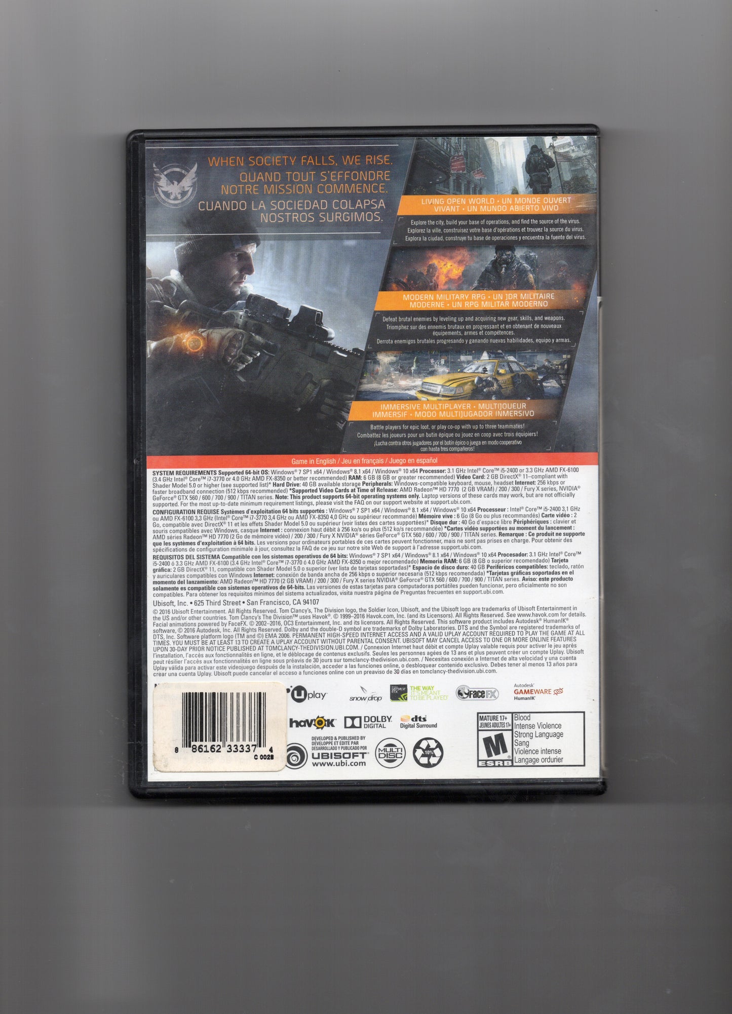 TOM CLANCY'S THE DIVISION PC GAME - 5 DISC - PRE OWNED