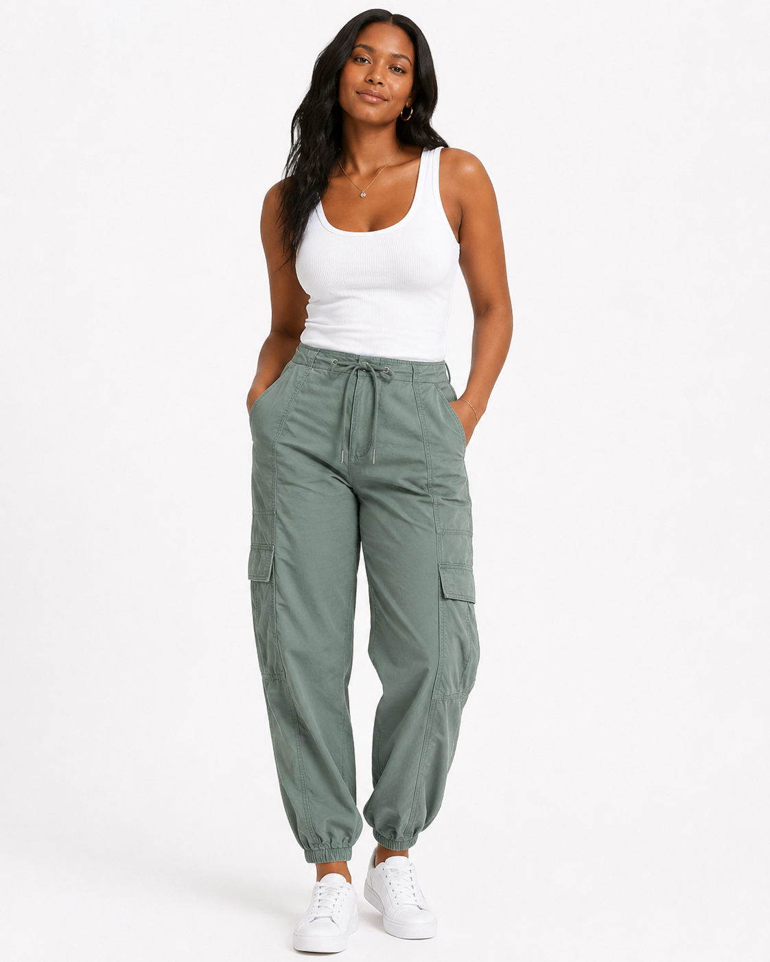 SCOOP WOMEN’S COTTON UTILITY JOGGER PANTS MUTED GREEN - SIZE S (4-6)