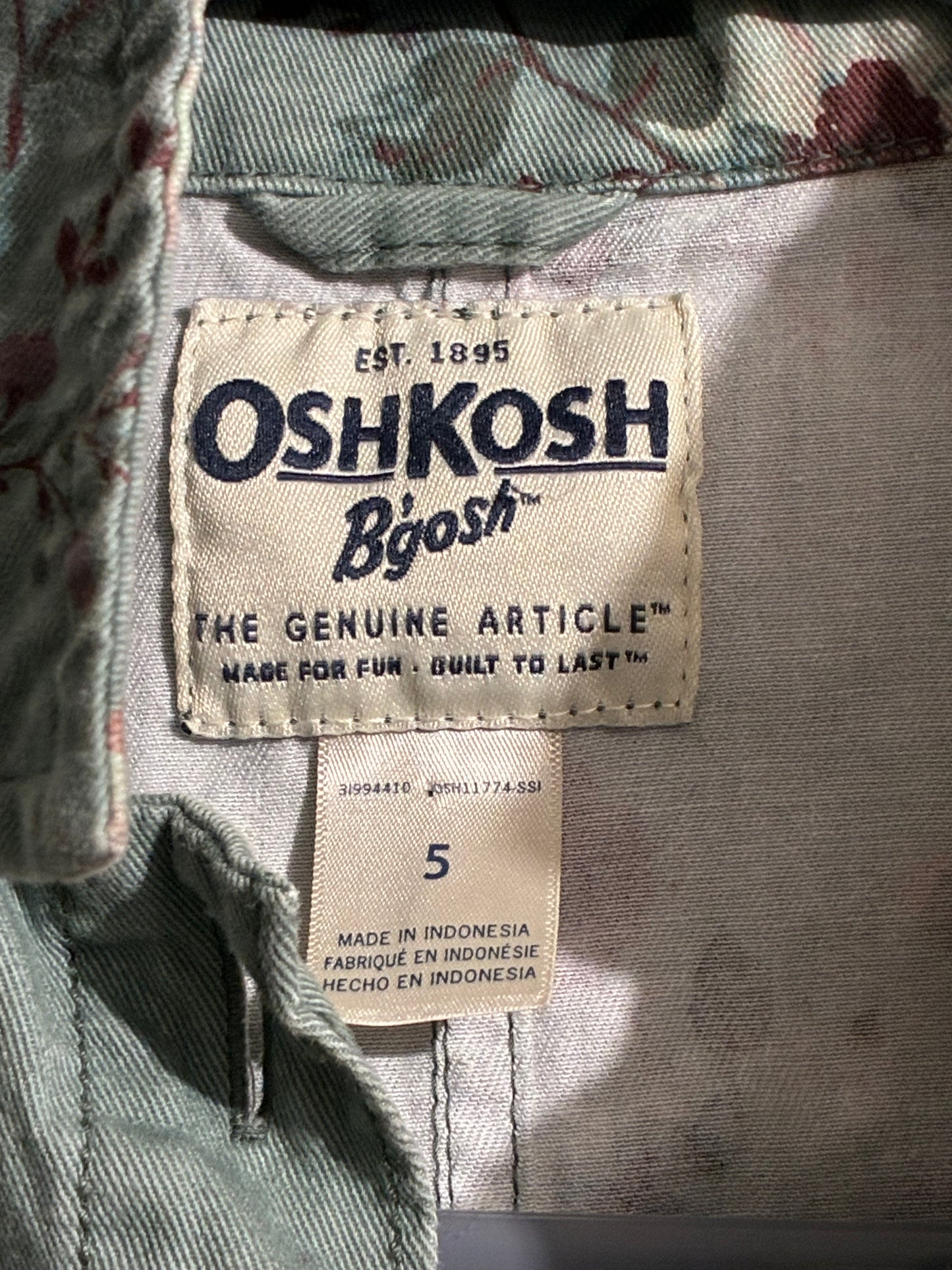 OshKosh B'Gosh Kids Girls Jacket Size 5 Green Denim Cotton Floral Button Up