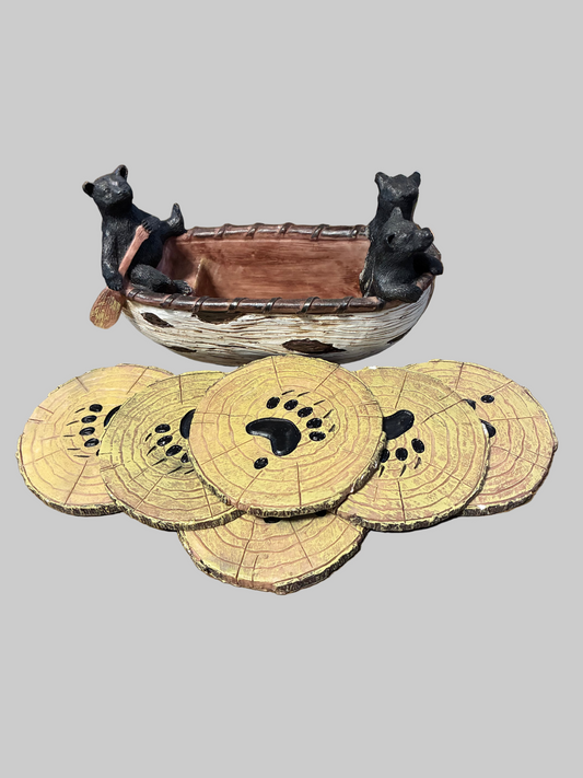 SET OF 6 RUSTIC STYLE COASTERS WITH BEAR FIGURES IN CANOE