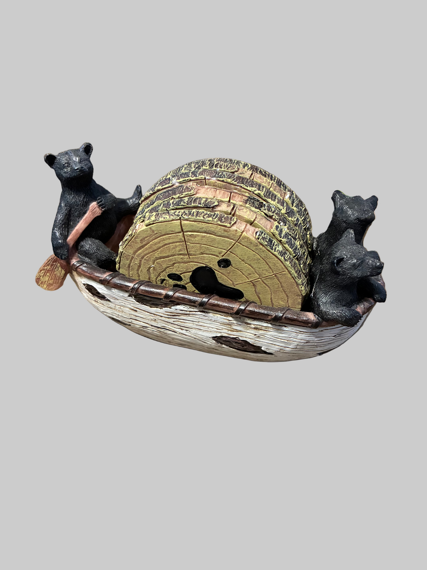 SET OF 6 RUSTIC STYLE COASTERS WITH BEAR FIGURES IN CANOE