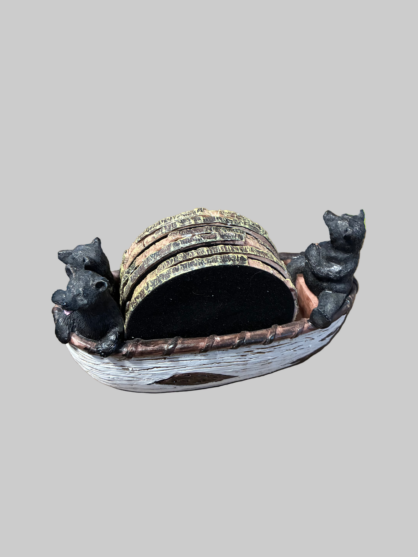 SET OF 6 RUSTIC STYLE COASTERS WITH BEAR FIGURES IN CANOE