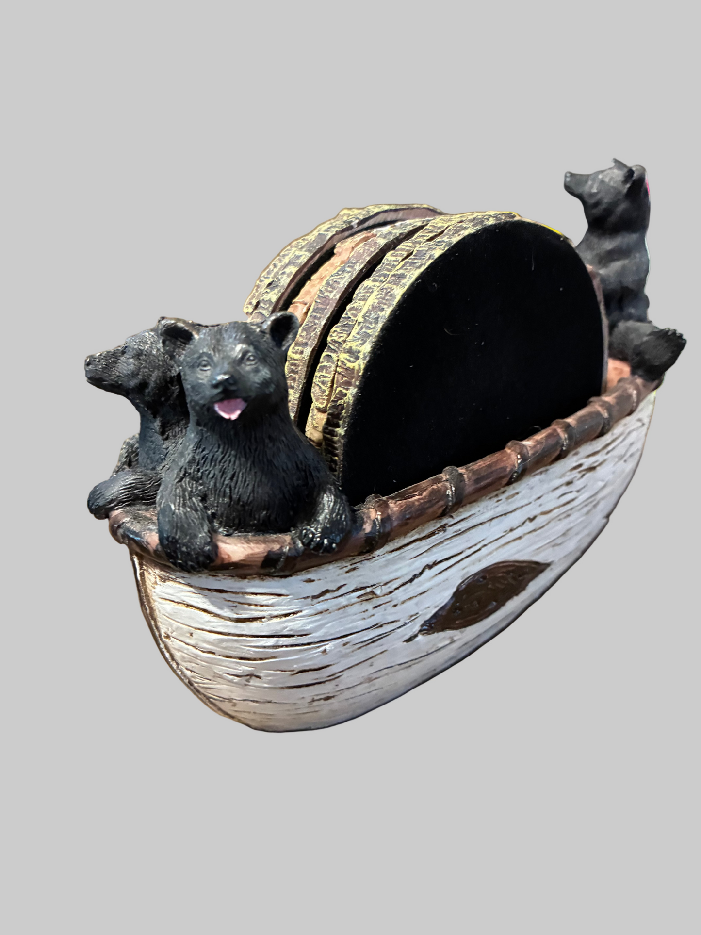 SET OF 6 RUSTIC STYLE COASTERS WITH BEAR FIGURES IN CANOE