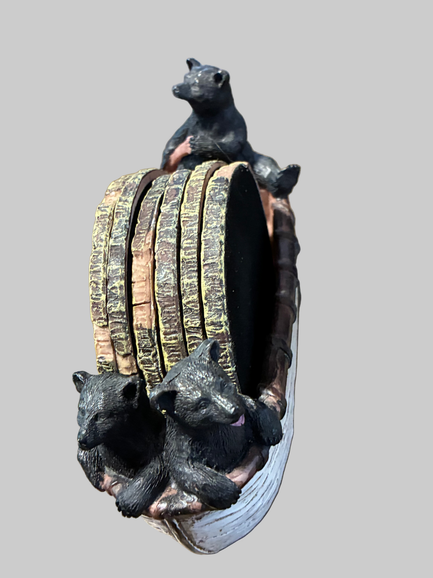 SET OF 6 RUSTIC STYLE COASTERS WITH BEAR FIGURES IN CANOE