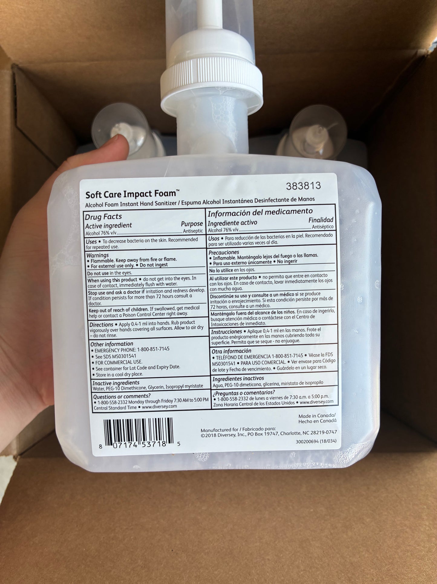 DIVERSEY SOFT CARE IMPACT FOAM ALCOHOL FOAM HAND SANITIZER REFILLS 6x1.2L