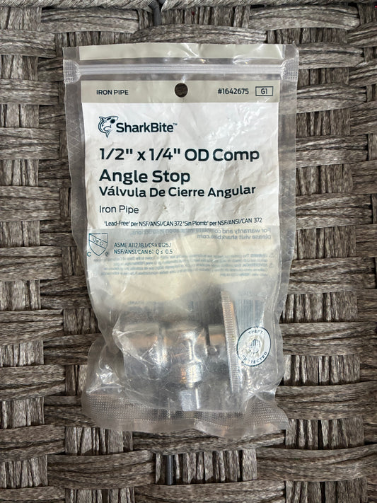 SHARKBITE 1/2" X 1/4" OD COMP ANGLE STOP BRASS VALVE