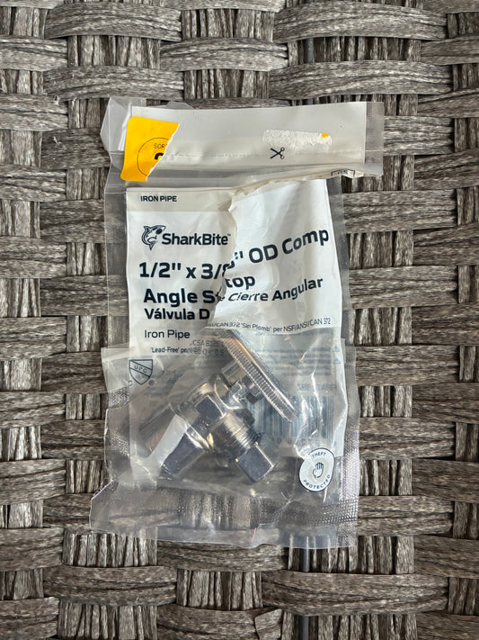 SHARKBITE 1/2" X 3/8" OD COMP ANGLE STOP BRASS VALVE