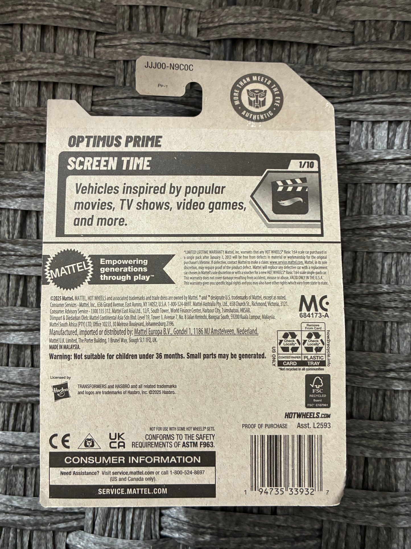 MATTEL HOT WHEELS SCREEN TIME OPTIMUS PRIME 1/10 27/250