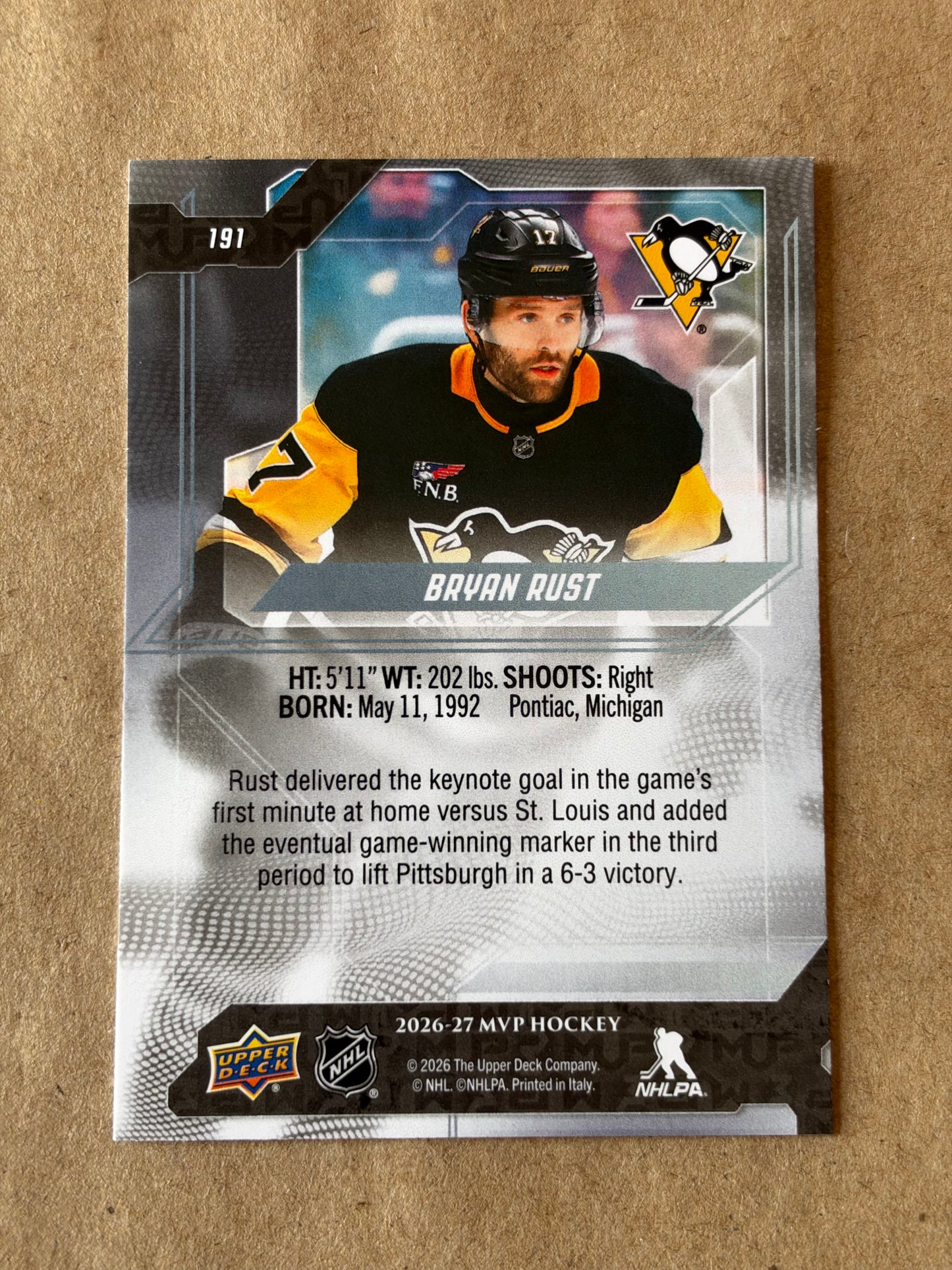 2026-27 MVP HOCKEY UPPER DECK - BRYAN RUST #191 (PITTSBURGH PENGUINS)