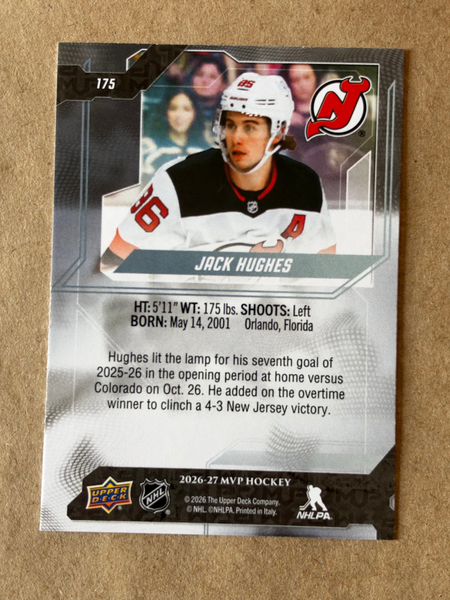 2026-27 MVP HOCKEY UPPER DECK - JACK HUGHES #175 (NEW JERSEY DEVILS)