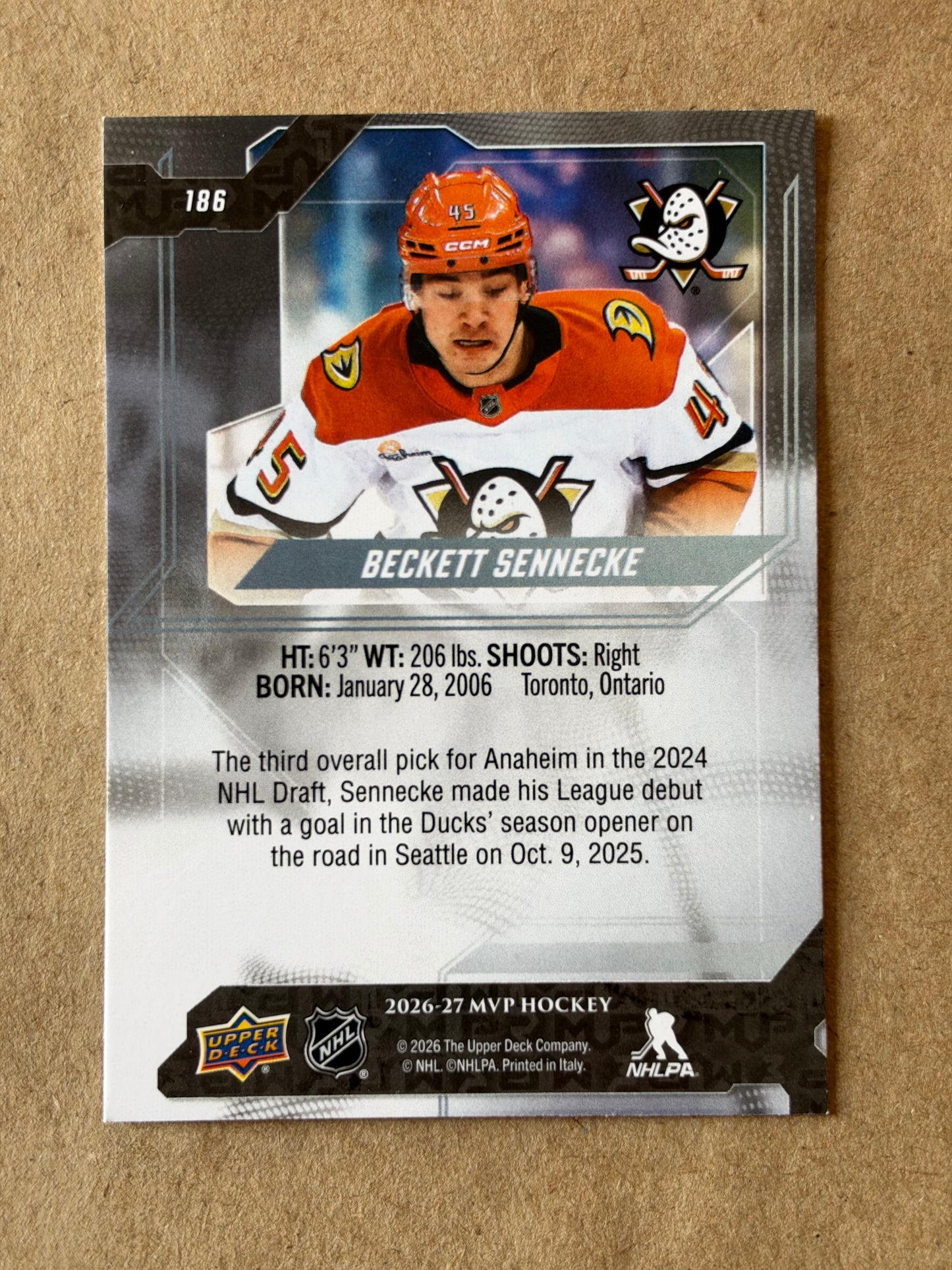 2026-27 MVP HOCKEY UPPER DECK - BECKETT SENNECKE #186 (ANAHEIM DUCKS)