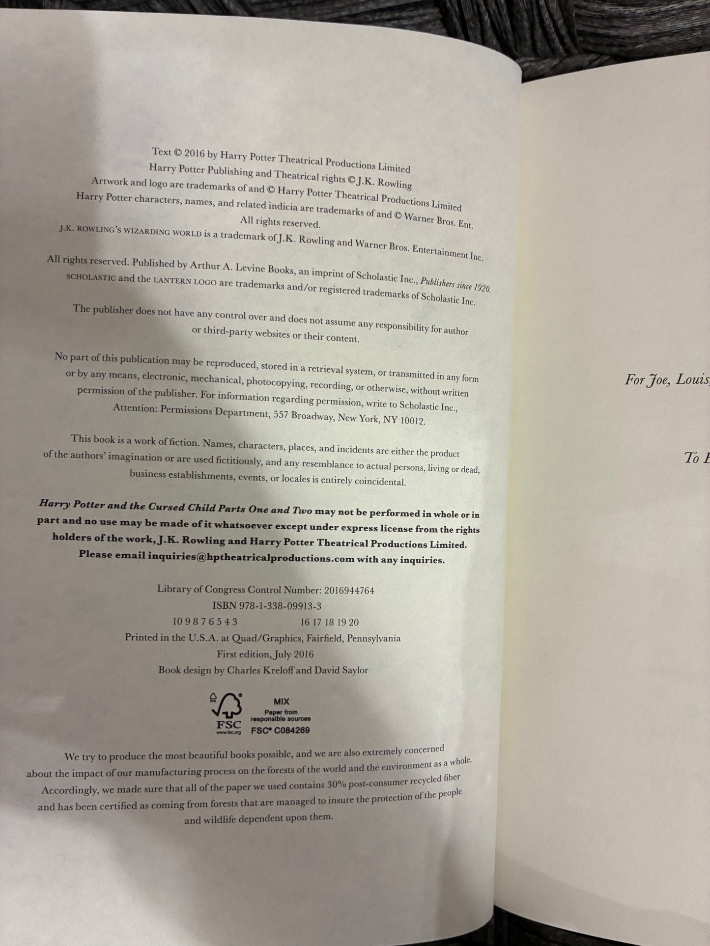 HARRY POTTER AND THE CURSED CHILD PARTS ONE AND TWO SPECIAL EDITION