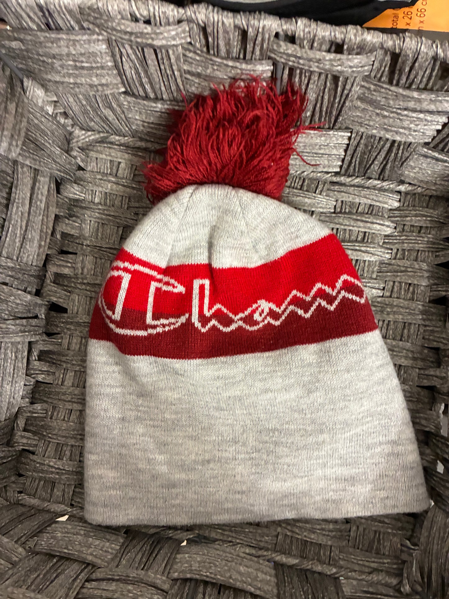 PRE-OWNED CHAMPION LOGO BEANIE RED GRAY POM