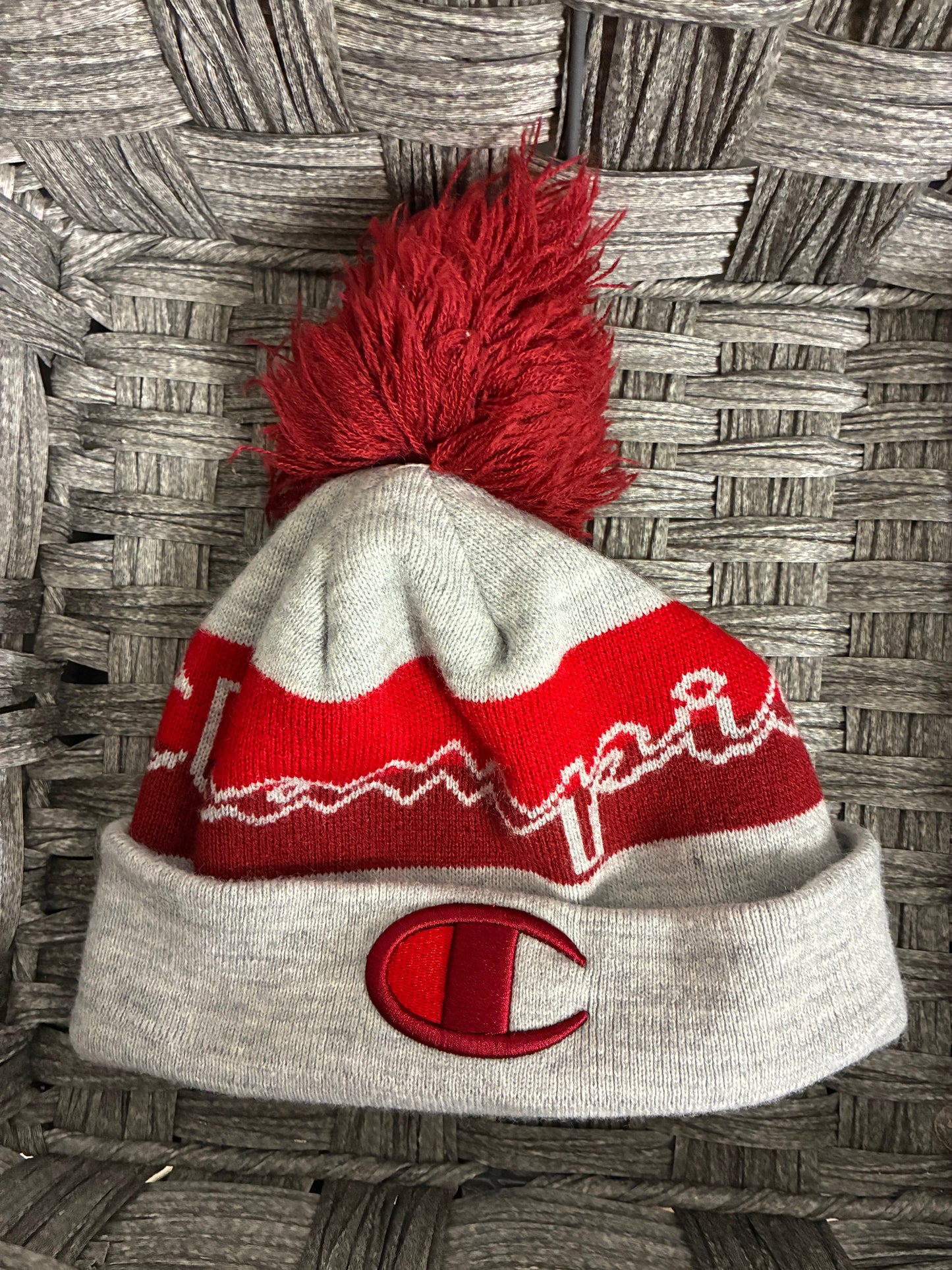PRE-OWNED CHAMPION LOGO BEANIE RED GRAY POM