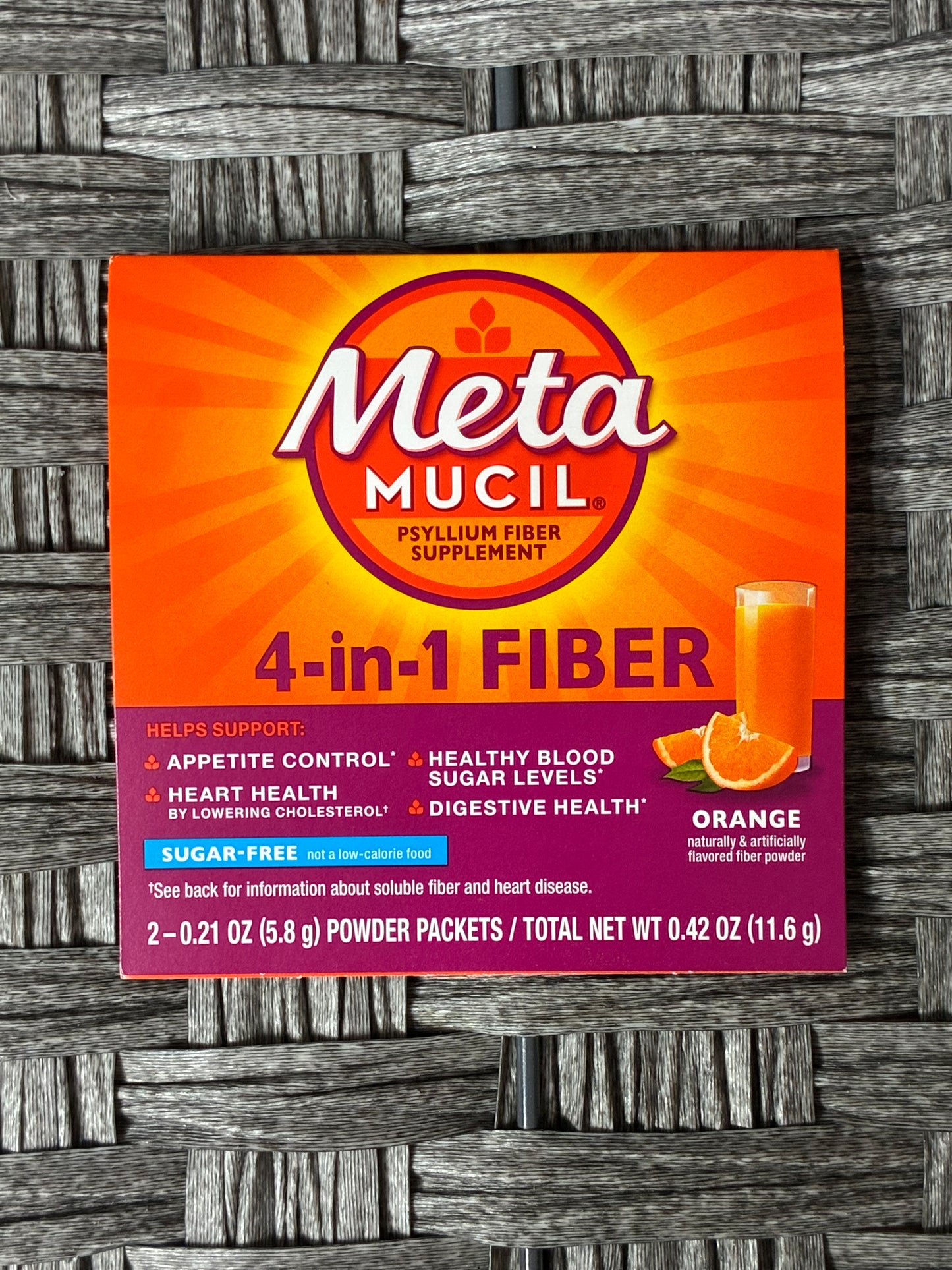 META MUCIL PSYLLIUM FIBER SUPPLEMENT SUGAR FREE 4-IN-1 FIBER PACKETS 2CT - ORANGE