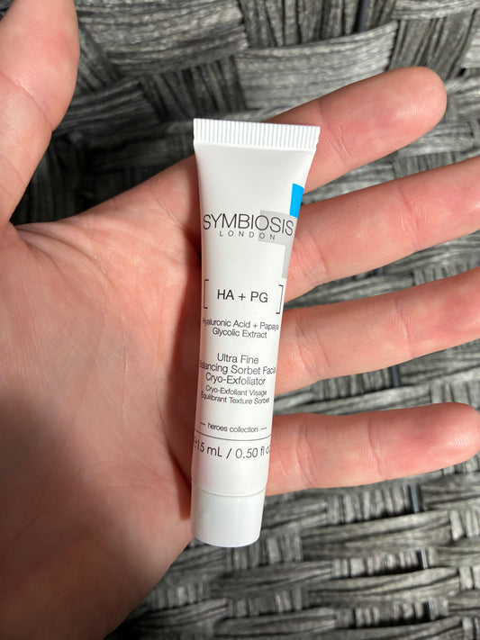 SYMBIOSIS LONDON HA + PG HYALURONIC ACID + PAPAYA GLYCOLIC EXTRACT UTLRA FINE BALANCING SORBET FACIAL CRYO-EXFOLIATOR 0.5 FL OZ
