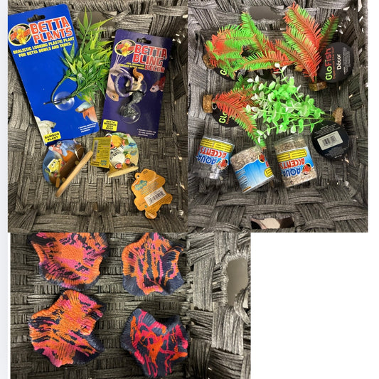 LOT OF MISC FISH TANK AQUARIUM DECOR BETA FISH RINGS CORAL ROCKS PLANTS
