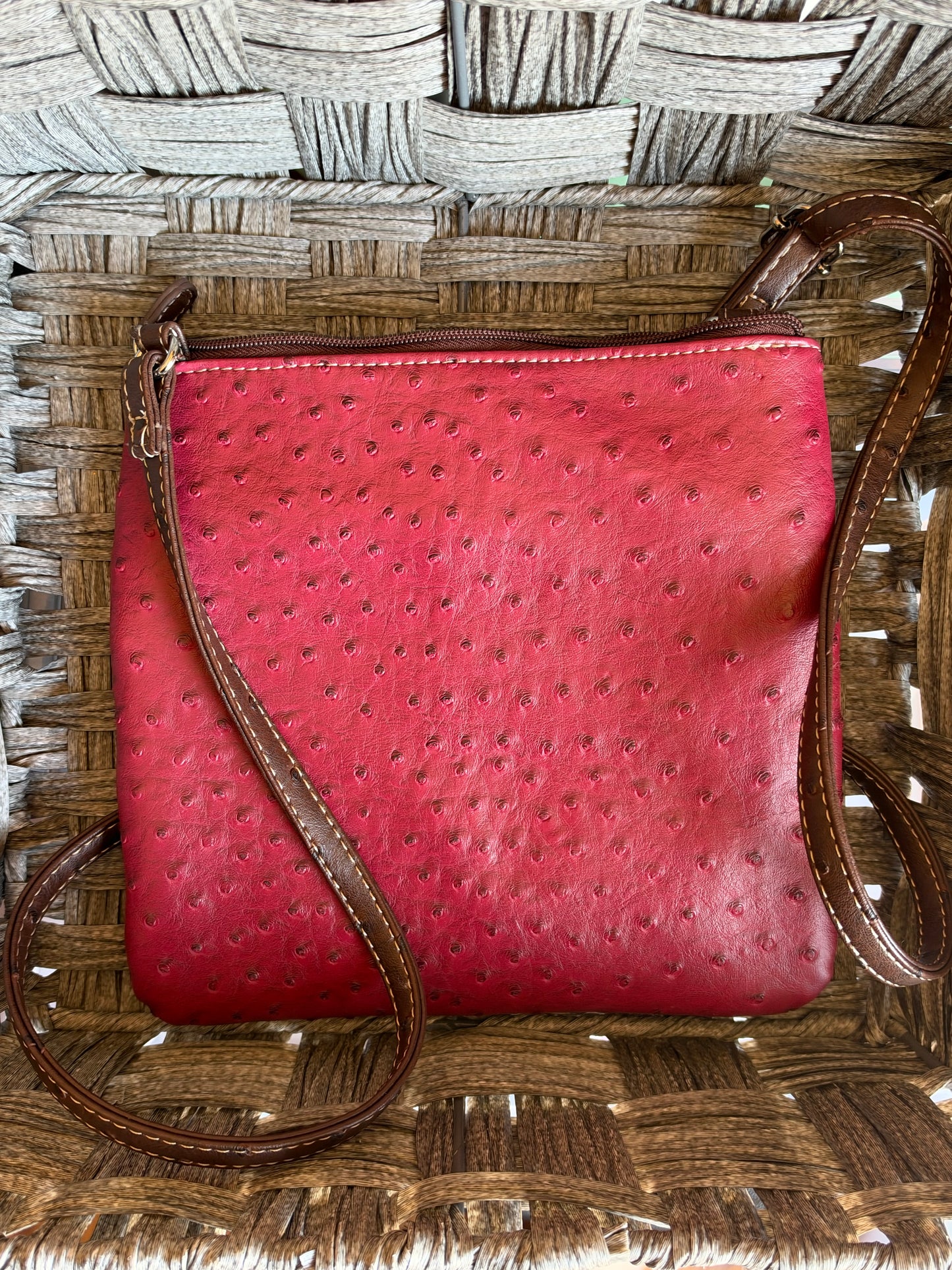 PRE OWNED KOLTOV FAUX OSTRICH LEATHER CROSSBODY BAG, RED AND BROWN, ADJ. STRAP