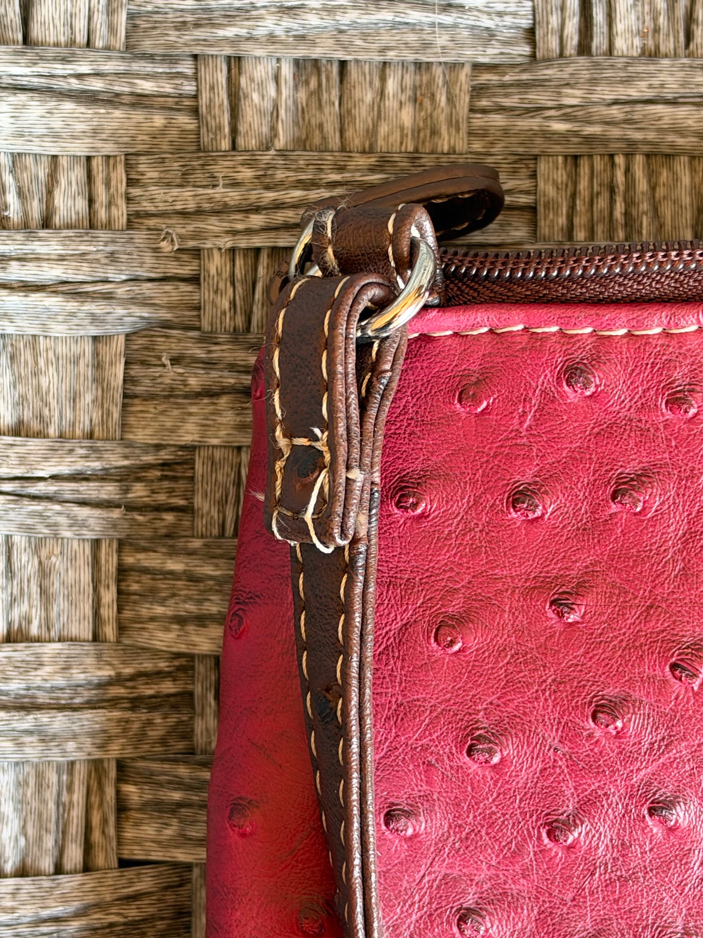 PRE OWNED KOLTOV FAUX OSTRICH LEATHER CROSSBODY BAG, RED AND BROWN, ADJ. STRAP