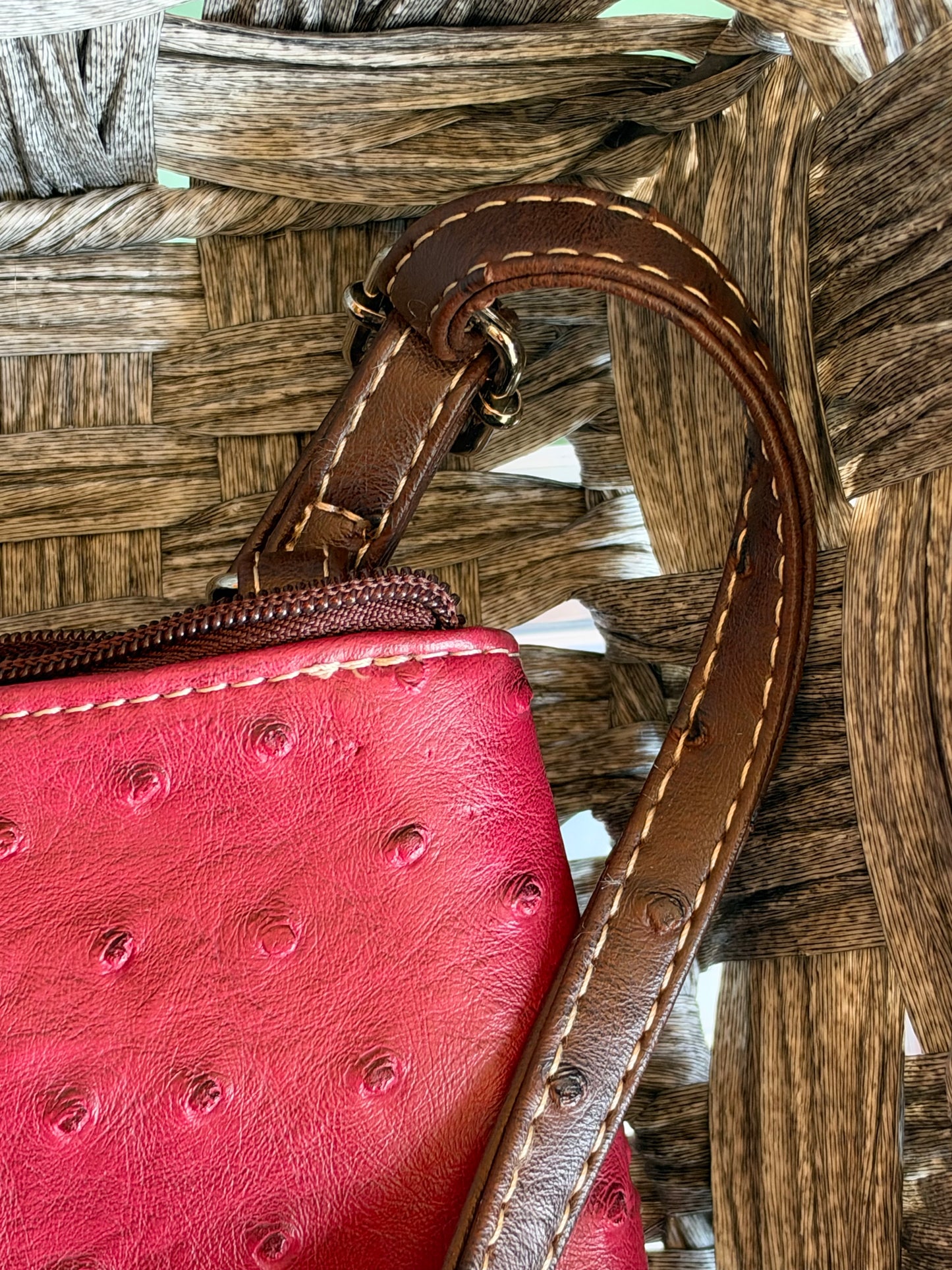 PRE OWNED KOLTOV FAUX OSTRICH LEATHER CROSSBODY BAG, RED AND BROWN, ADJ. STRAP
