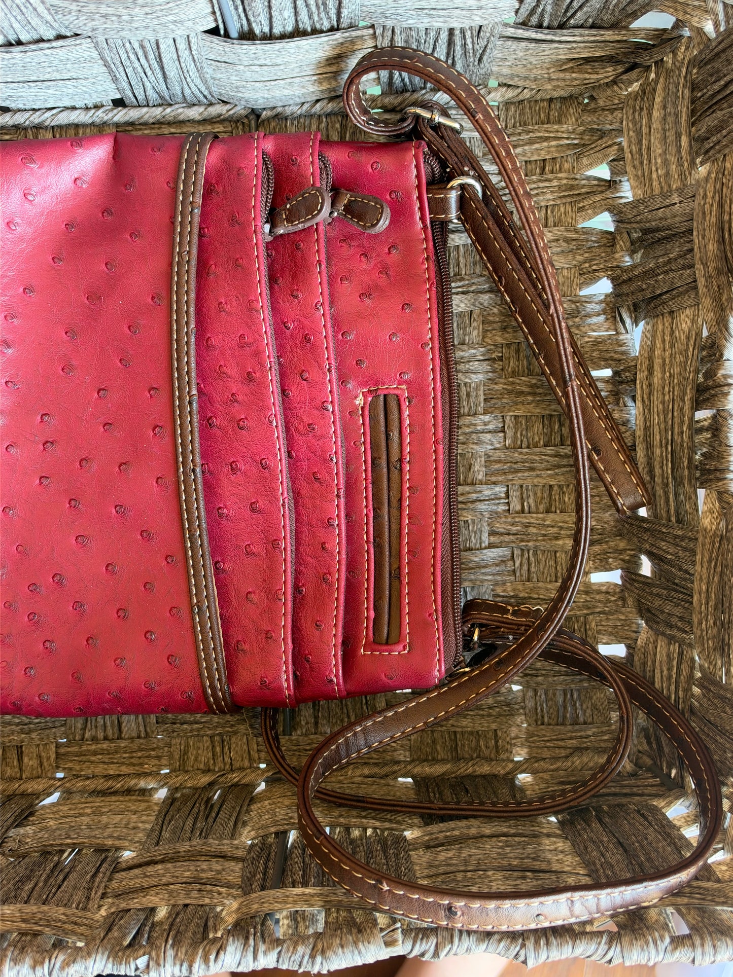 PRE OWNED KOLTOV FAUX OSTRICH LEATHER CROSSBODY BAG, RED AND BROWN, ADJ. STRAP