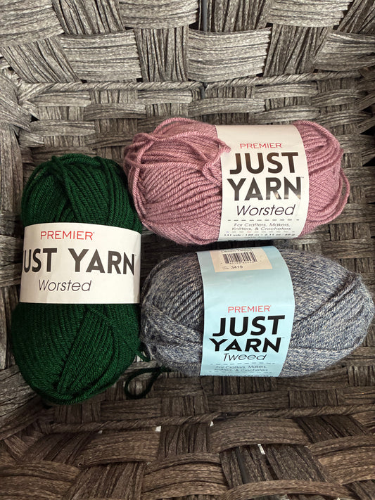 JUST YARN LOT OF 3X SKEINS DENIM PINK GREEN TWEED AND WORSTED