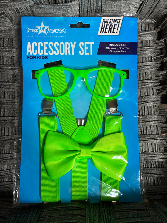 DRESS UP AMERICA KIDS COSTUME ACCESSORY SET GLASSES BOW TIE SUSPENDERS NEON GREEN