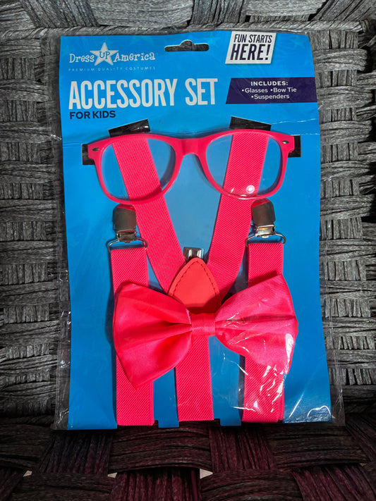 DRESS UP AMERICA KIDS COSTUME ACCESSORY SET GLASSES BOW TIE SUSPENDERS NEON PINK
