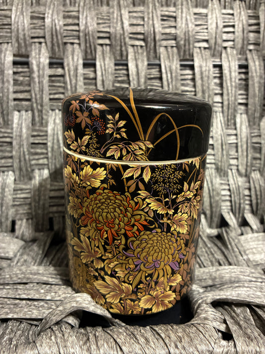 TOYO GOLDEN KIKU BLACK AND GOLD FOIL TEA JAR 4.5"