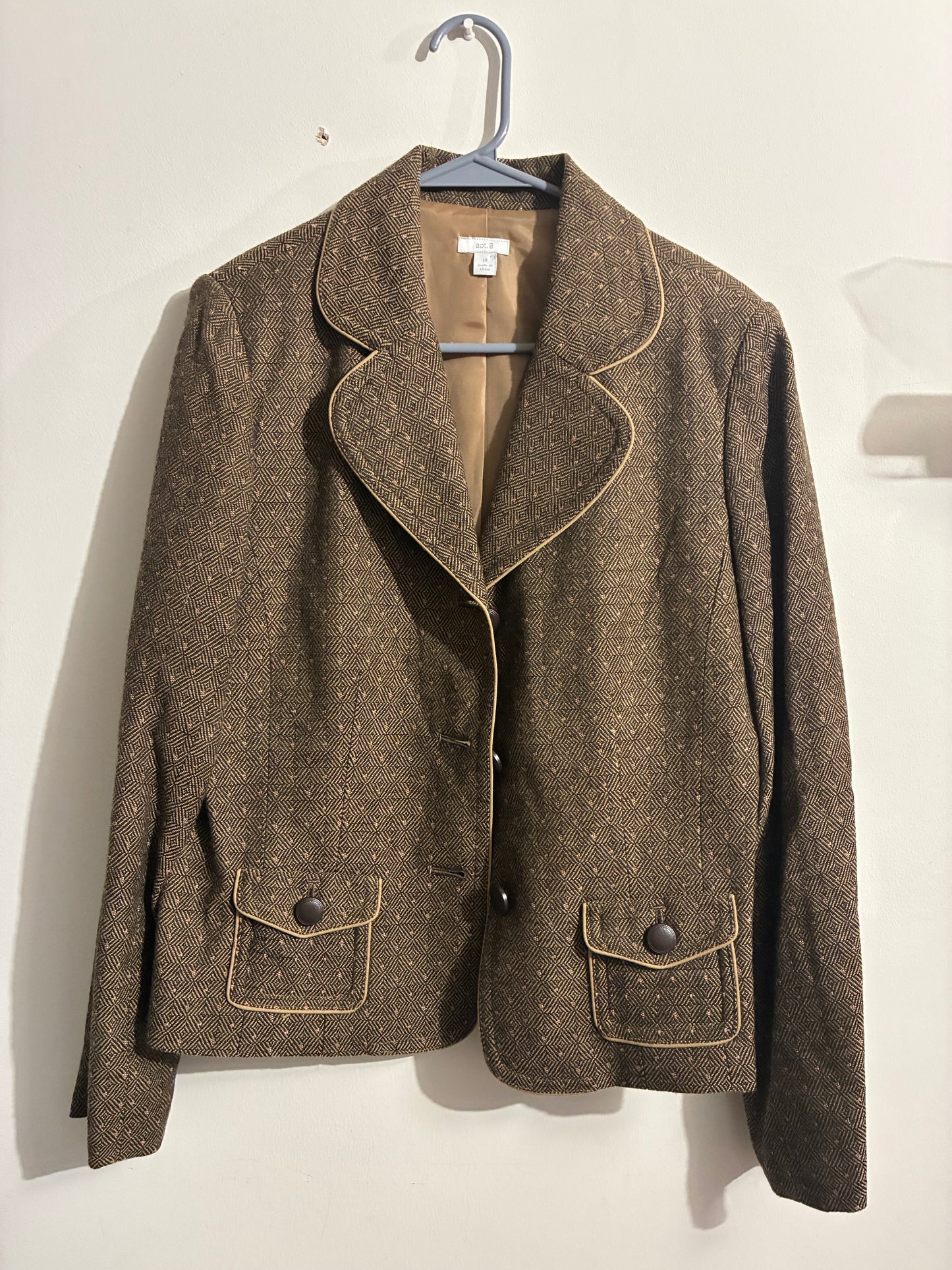 APT 9  BLAZER WOMEN'S BROWN PINK DIAMOND DOT TWEED JACKET - SIZE 14 - PRE OWNED
