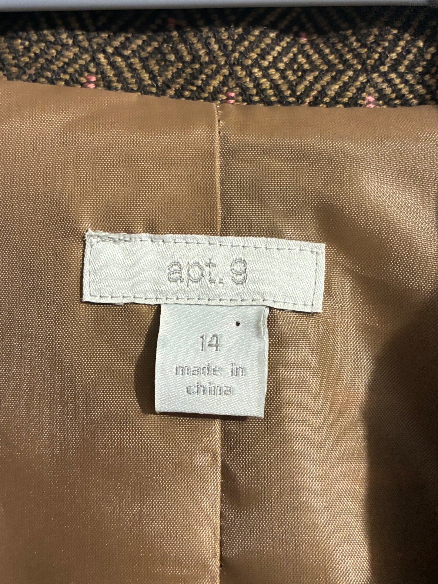 APT 9  BLAZER WOMEN'S BROWN PINK DIAMOND DOT TWEED JACKET - SIZE 14 - PRE OWNED