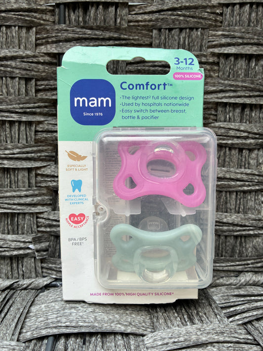 MAM COMFORT 3-12 MONTHS 2PK SILICONE PACIFIERS WITH CASE BPA FREE PINK GREEN
