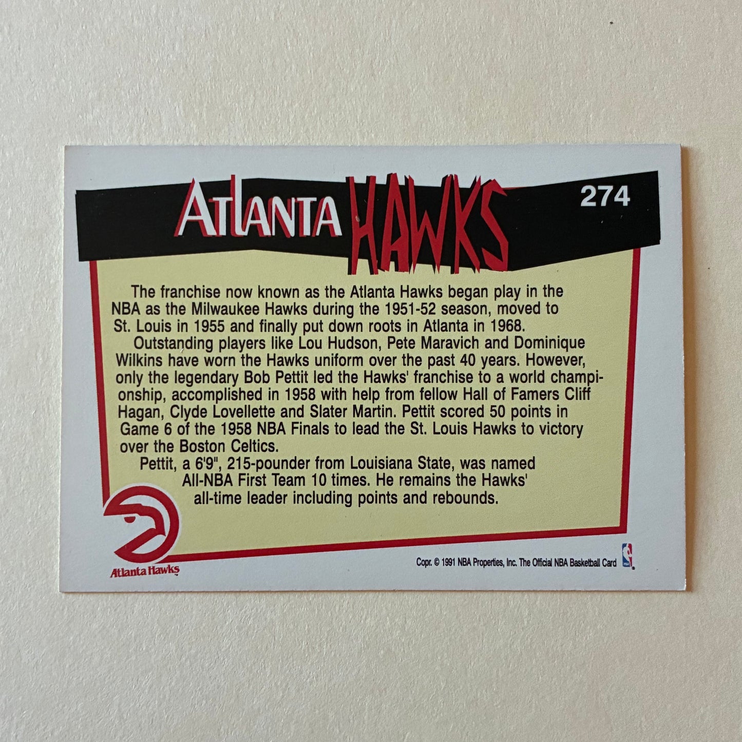 1991 NBA HOOPS - ATLANTA HAWKS #274 TEAM PHOTO CARD