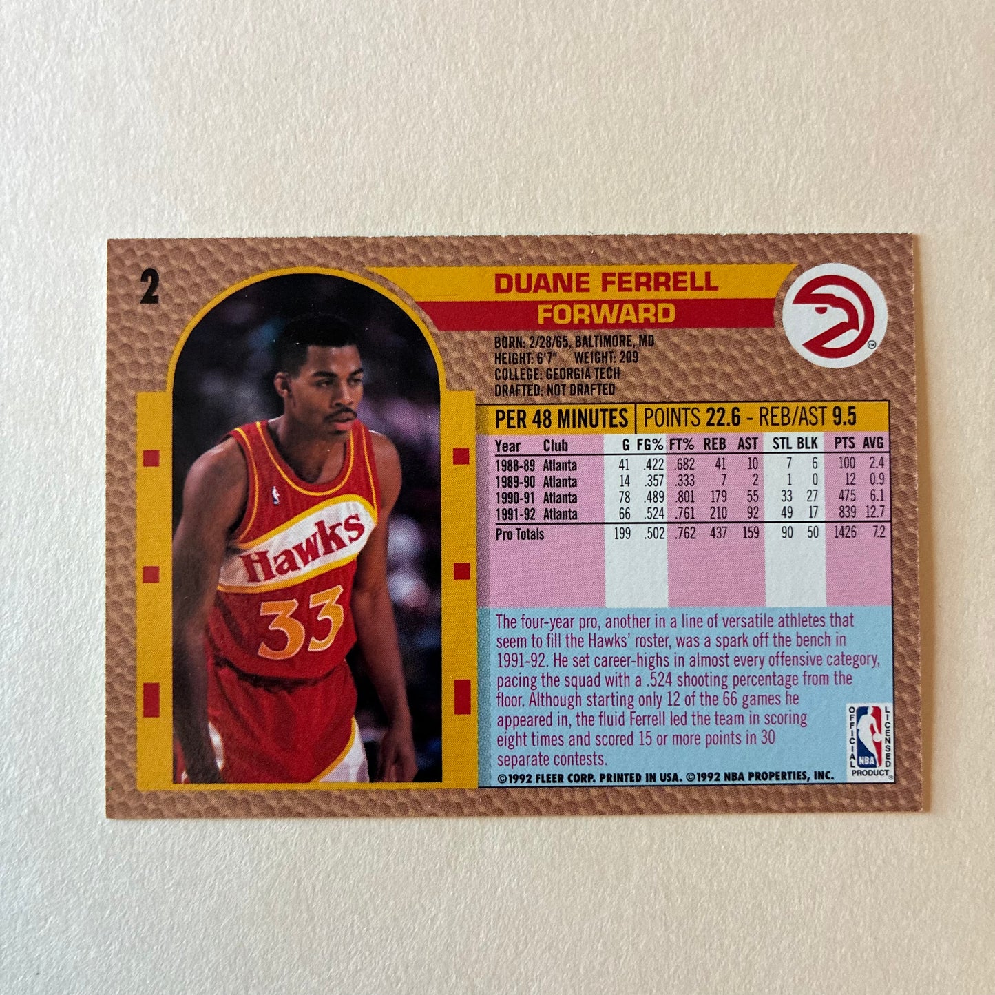1992-1993 FLEER - DUANE FERRELL #2 (HAWKS)