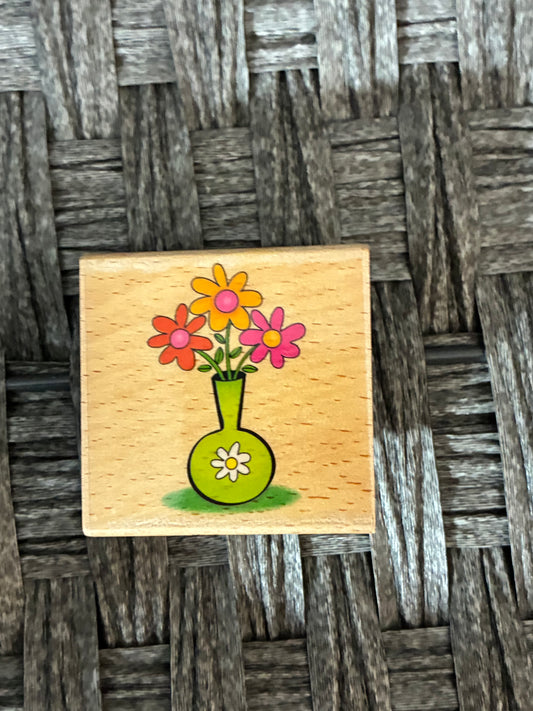 WOODEN STAMP FLOWER AND VASE PRE OWNED