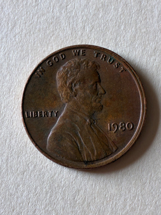 1980 PENNY NO MINT MARK DOUBLE DIE RIM ERROR CIRCULATED