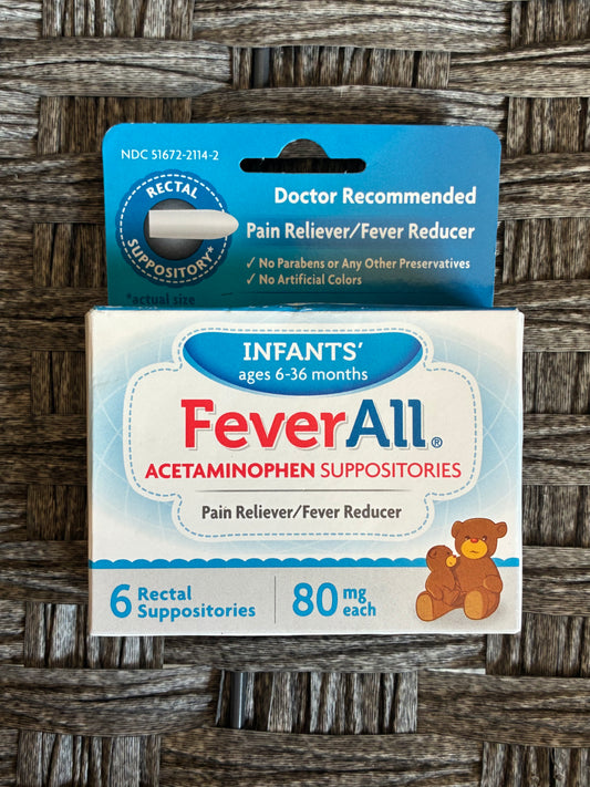 FEVERALL INFANT ACETAMINOPHEN SUPPOSITORIES 6CT 80MG EXP 02/2028 NEW SEALED