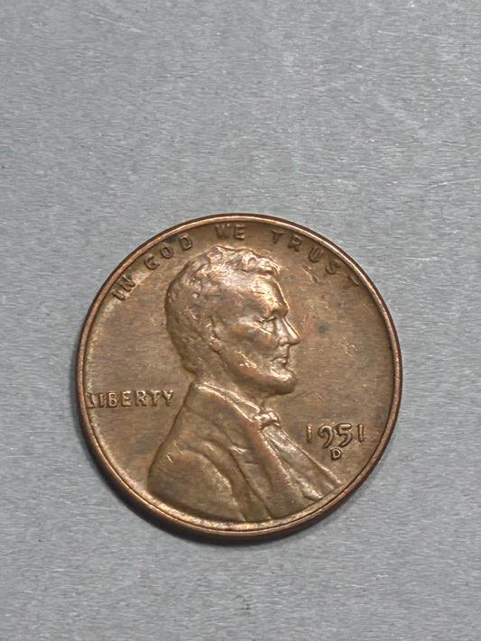 1951 D PENNY 95% COPPER "L" ON RIM CIRCULATED - GOOD (LN0014)