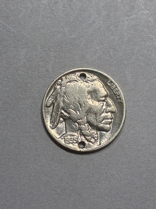 1935 INDIAN HEAD BUFFALO NICKEL NO MINT MARK - HOLES DRILLED - CIRCULATED (LN0021)