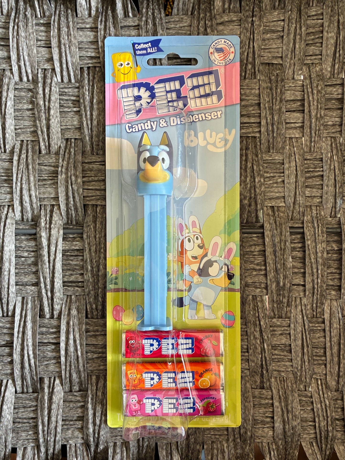 BLUEY EASTER THEMED PEZ DISPENSER - EXP. JAN 2031 - CHERRY, ORANGE, RASPBERRY