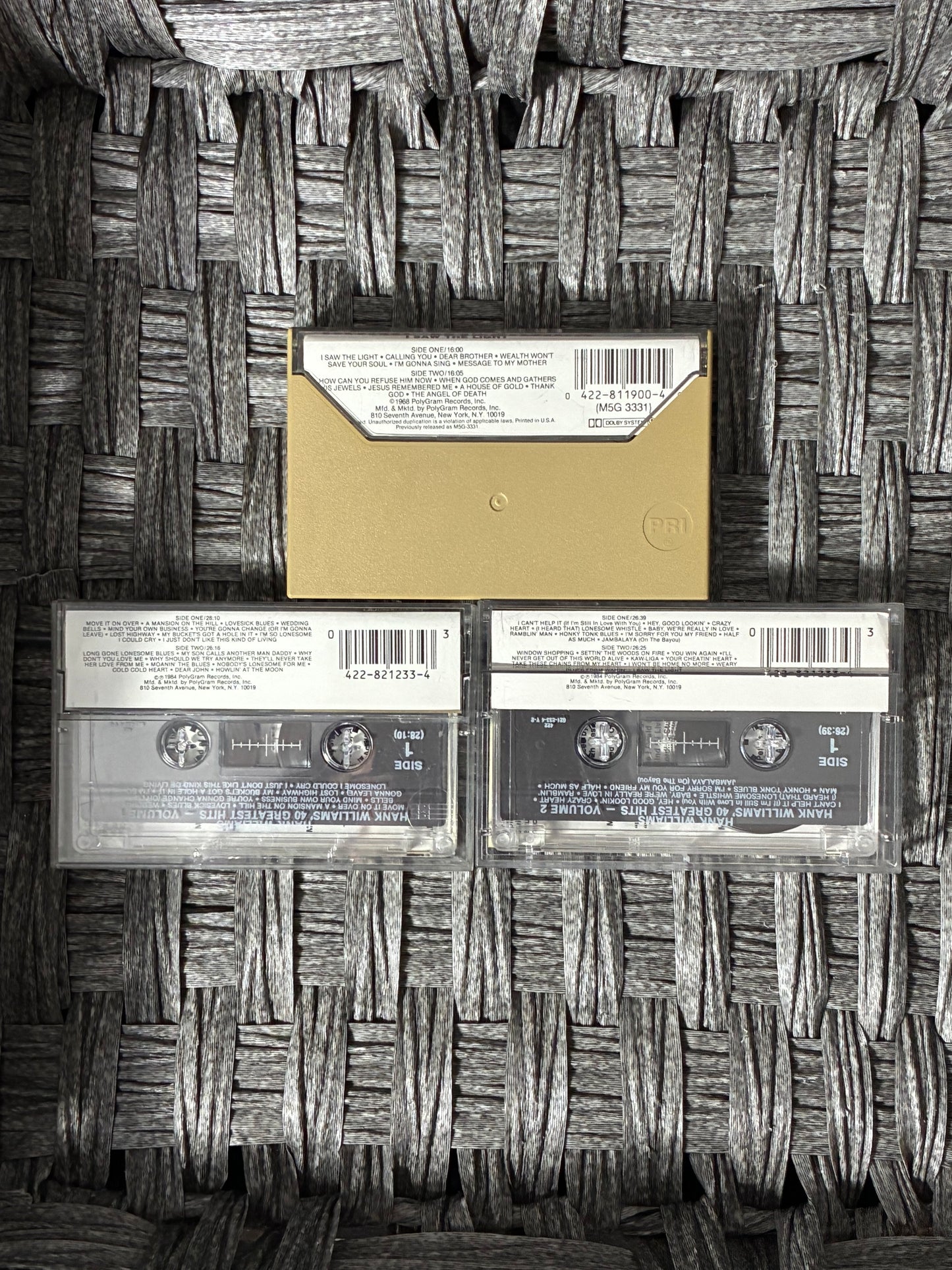 LOT OF 3 CASSETTES HANK WILLIAMS VOL. 1 & 2, I SAW THE LIGHT - PRE OWNED GOOD