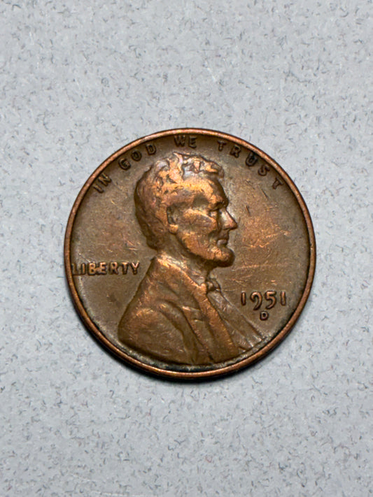 1951 D WHEAT PENNY - "BE" ERROR IN LIBERTY - 95% COPPER - CIRCULATED (LN1602)
