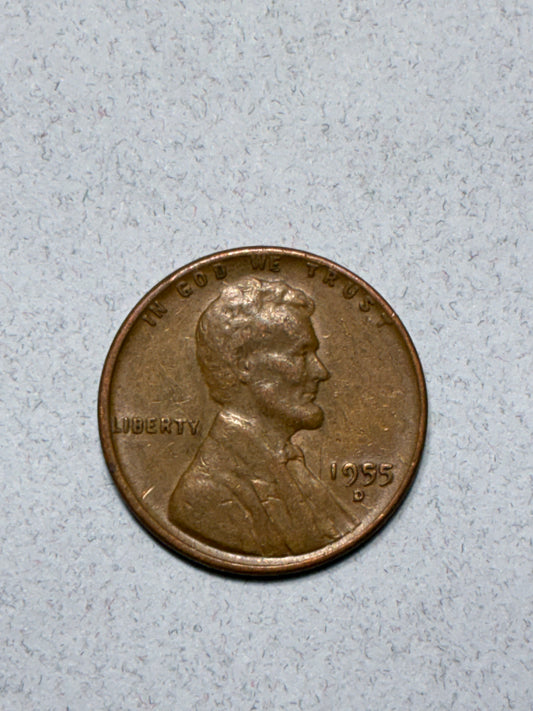 1955 D WHEAT PENNY - 95% COPPER OFF CENTER - CIRCULATED (LN1611)