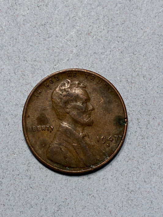 1947 S WHEAT PENNY - MISSING "L"  - 95% COPPER - CIRCULATED (LN1625)