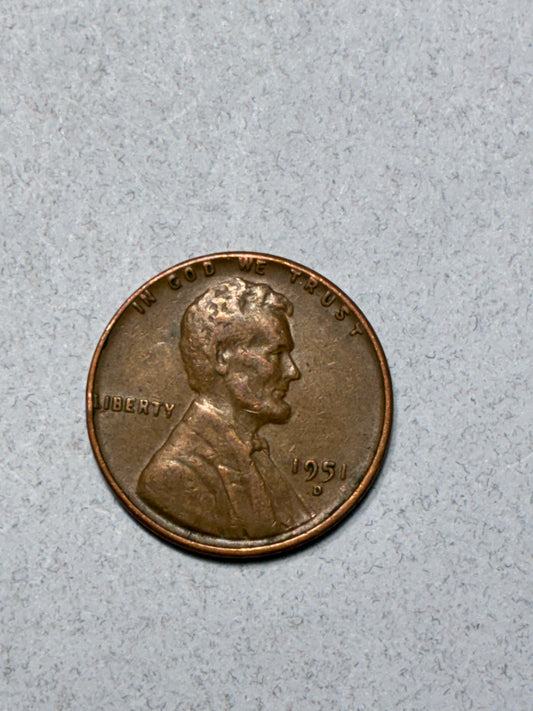 1951 D WHEAT PENNY - "L" ON RIM 95% COPPER - CIRCULATED (LN1629)