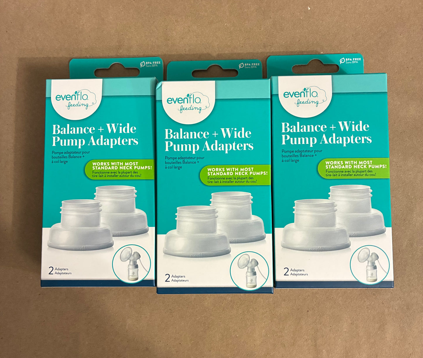 LOT OF 3 EVENFLO FEEDING BALANCE + WIDE PUMP 2PC ADAPTERS BPA FREE
