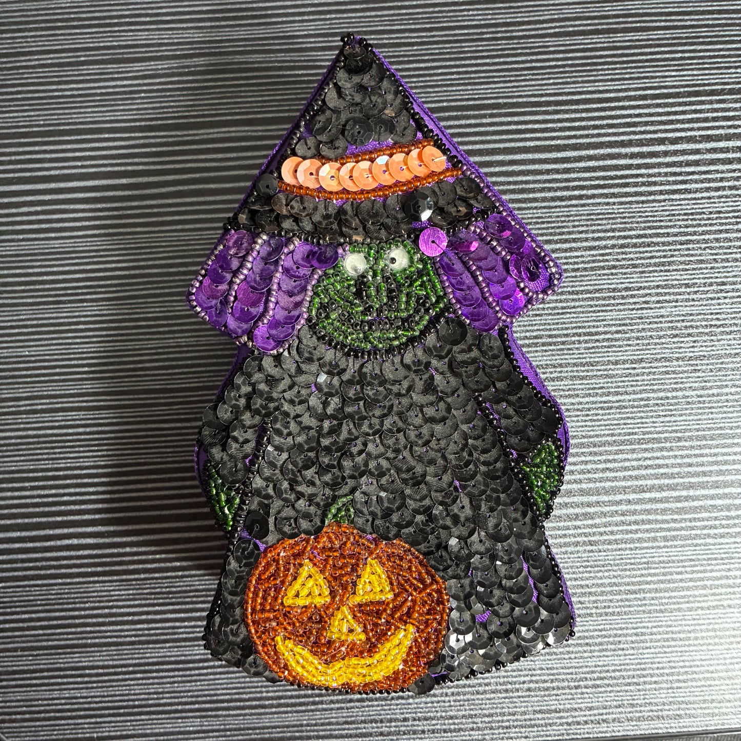 VINTAGE GAC WITCH WITH PUMPKIN SEQUIN BOX WITH PLUSH