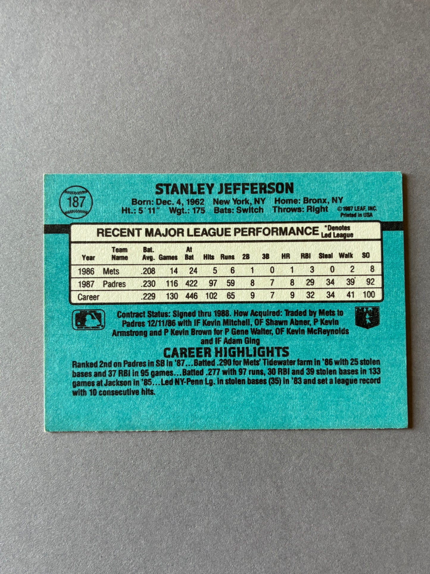 1988 DONRUSS - STAN JEFFERSON #187 PADRES